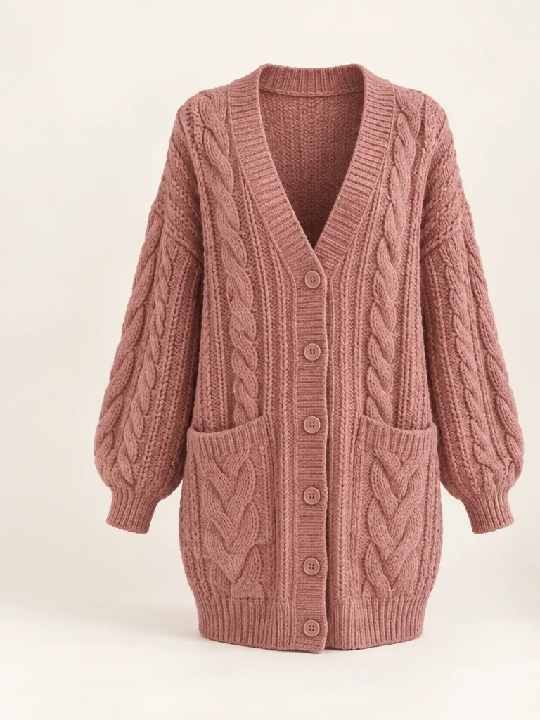 Dusty rose Rosewood Cable Cardigan, front view